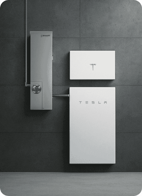 Tesla Powerwall and inverter for residential solar energy storage.