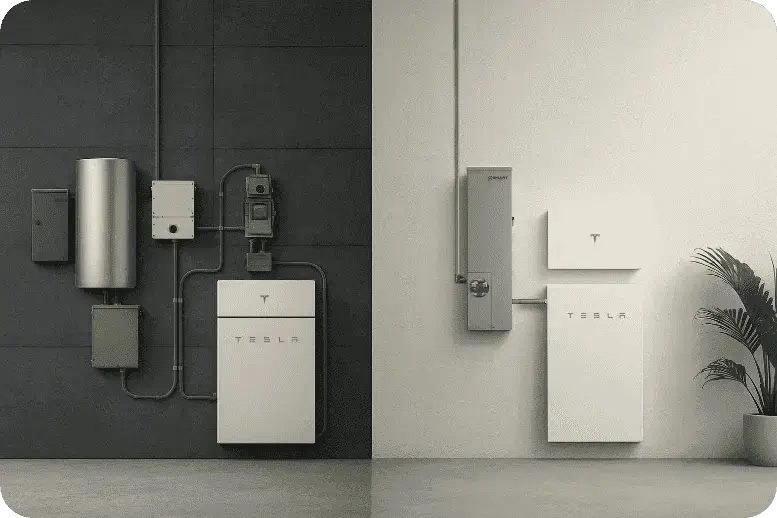 Main electrical panel with Tesla solar components and smart technology.