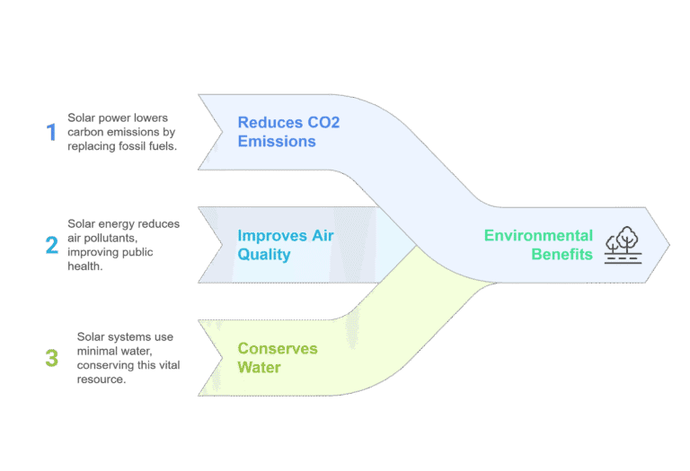 Solar panels generating clean energy, reducing CO2 emissions, and conserving water for environmental.