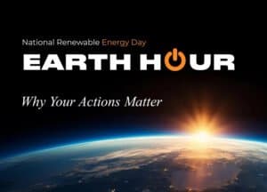 Earth Hour logo with sunrise over Earth from space, promoting renewable energy awareness.