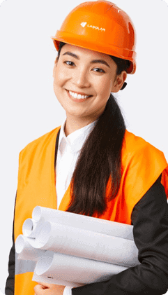 Engineer in safety helmet holding blueprints for solar project.