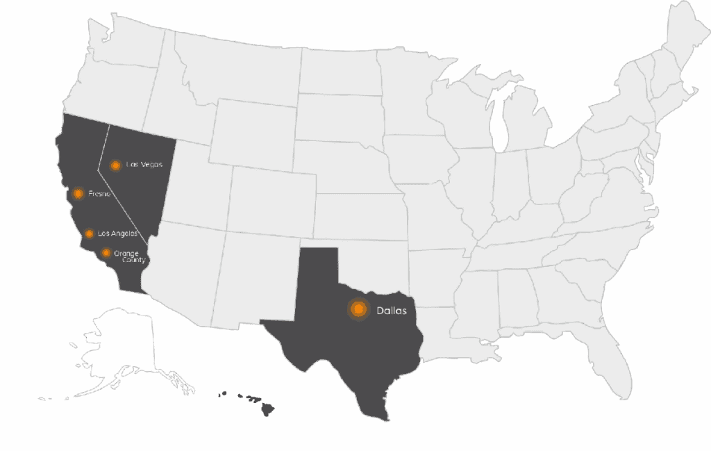 Map highlighting LA Solar Group service areas in Los Angeles, Orange, Las Vegas, Phoenix, and Dallas.