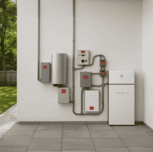 Solar energy system with inverters and electrical components mounted outdoors.
