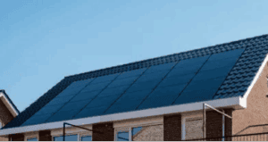 Solar panel array installed on a home roof for clean energy.