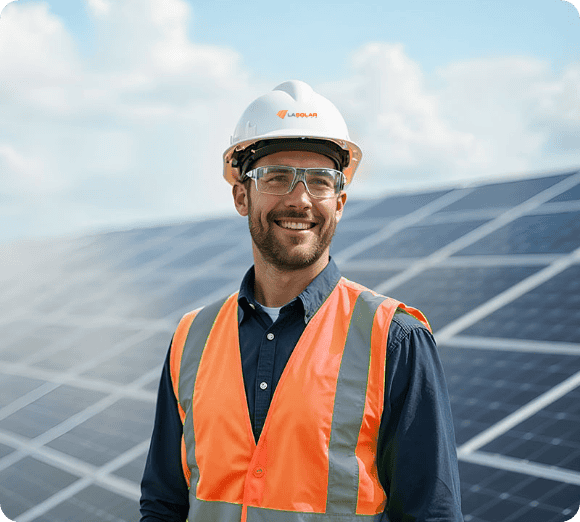 Man wearing safety gear at solar panel installation site.