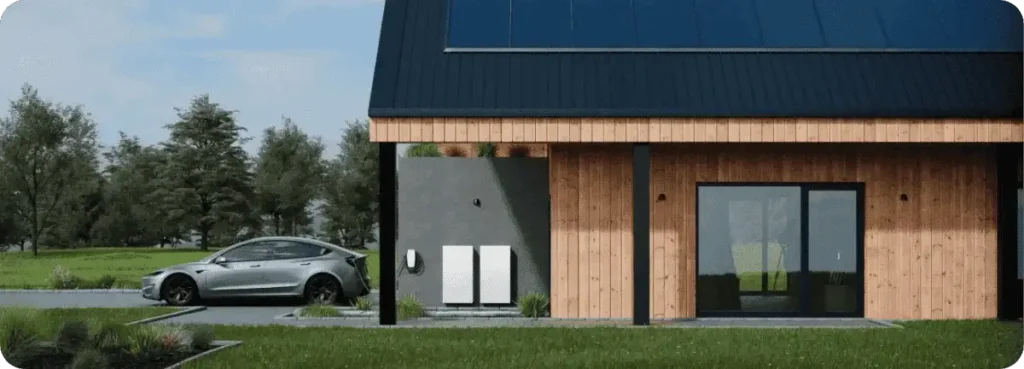 Battery storage unit installed outside a contemporary house with solar panels.