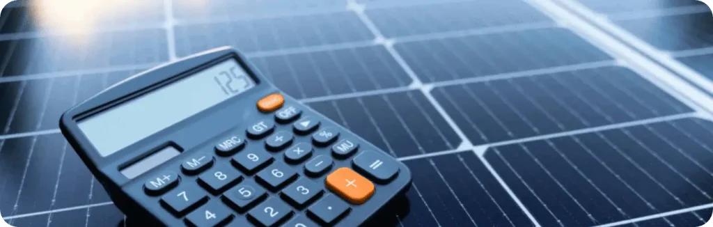 Calculator on solar panels showing energy savings and costs.