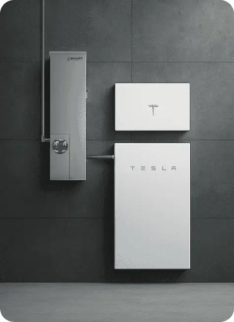 Tesla Powerwall and inverter for residential solar energy storage.