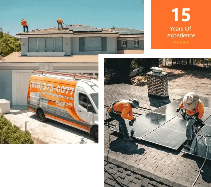 Technicians installing solar panels on a house roof for renewable energy.