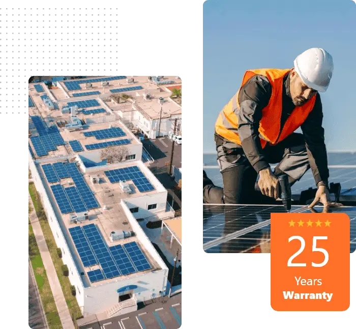 Technician installing solar panels on commercial building roof for renewable energy.