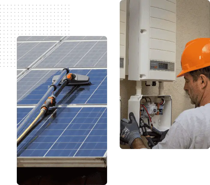 Technician performing maintenance on solar panels and electrical system.