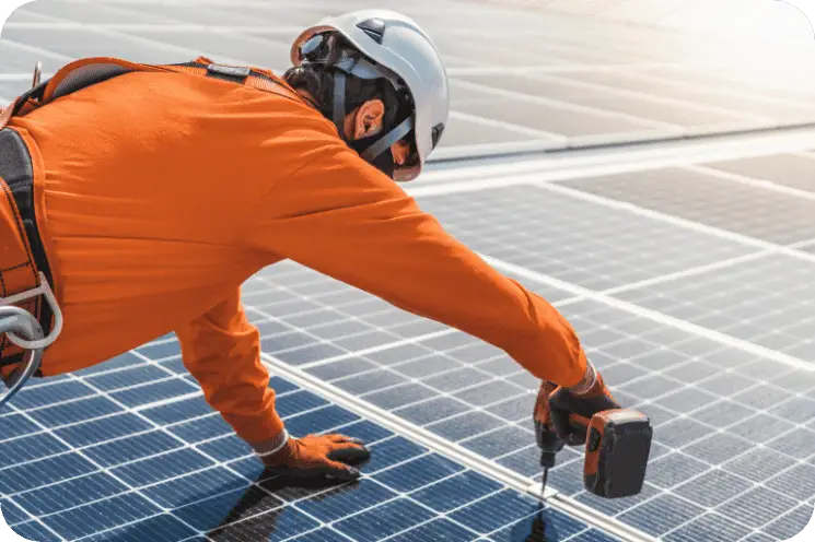Solar technician installing solar panels on a rooftop for clean energy solutions.