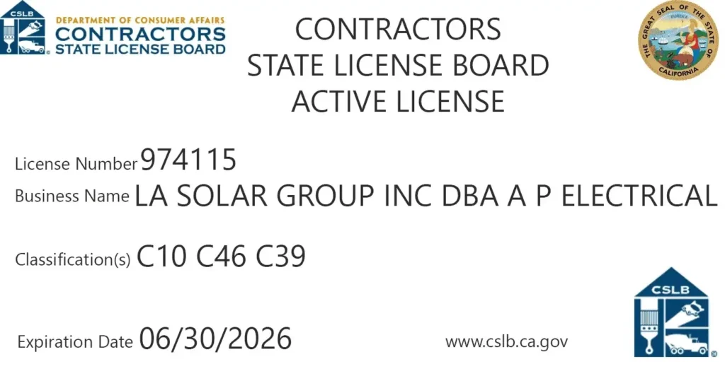 California solar contractor license card for LA Solar Group Inc.