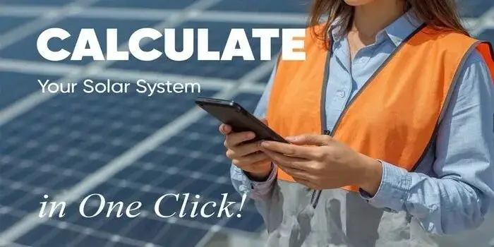 Woman using a smartphone to calculate solar system with solar panels in background.