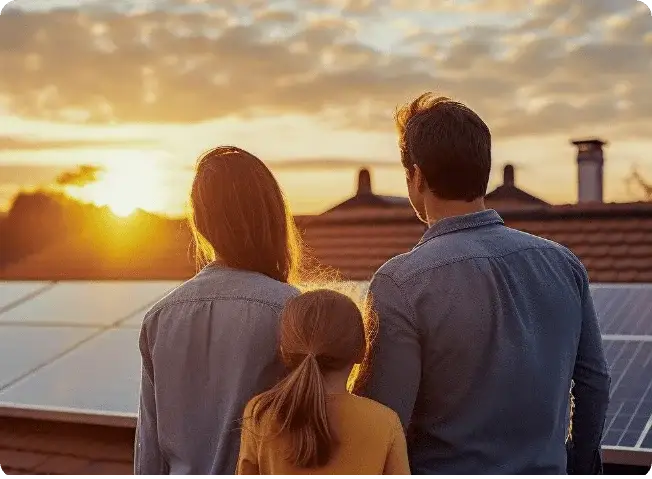 Family looking at solar panels during sunset in a fire zone area.