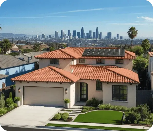 Modern house with solar panels on the roof and city skyline in the background.