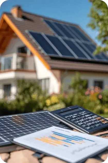 Solar panel and calculator on a house roof for SGIP benefits.