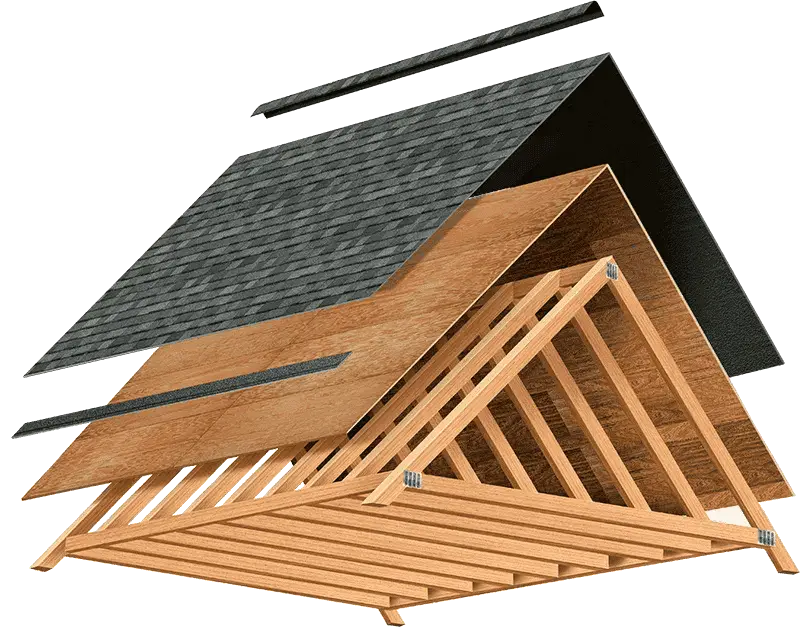 Image of a layered roof construction with different materials and framing components.