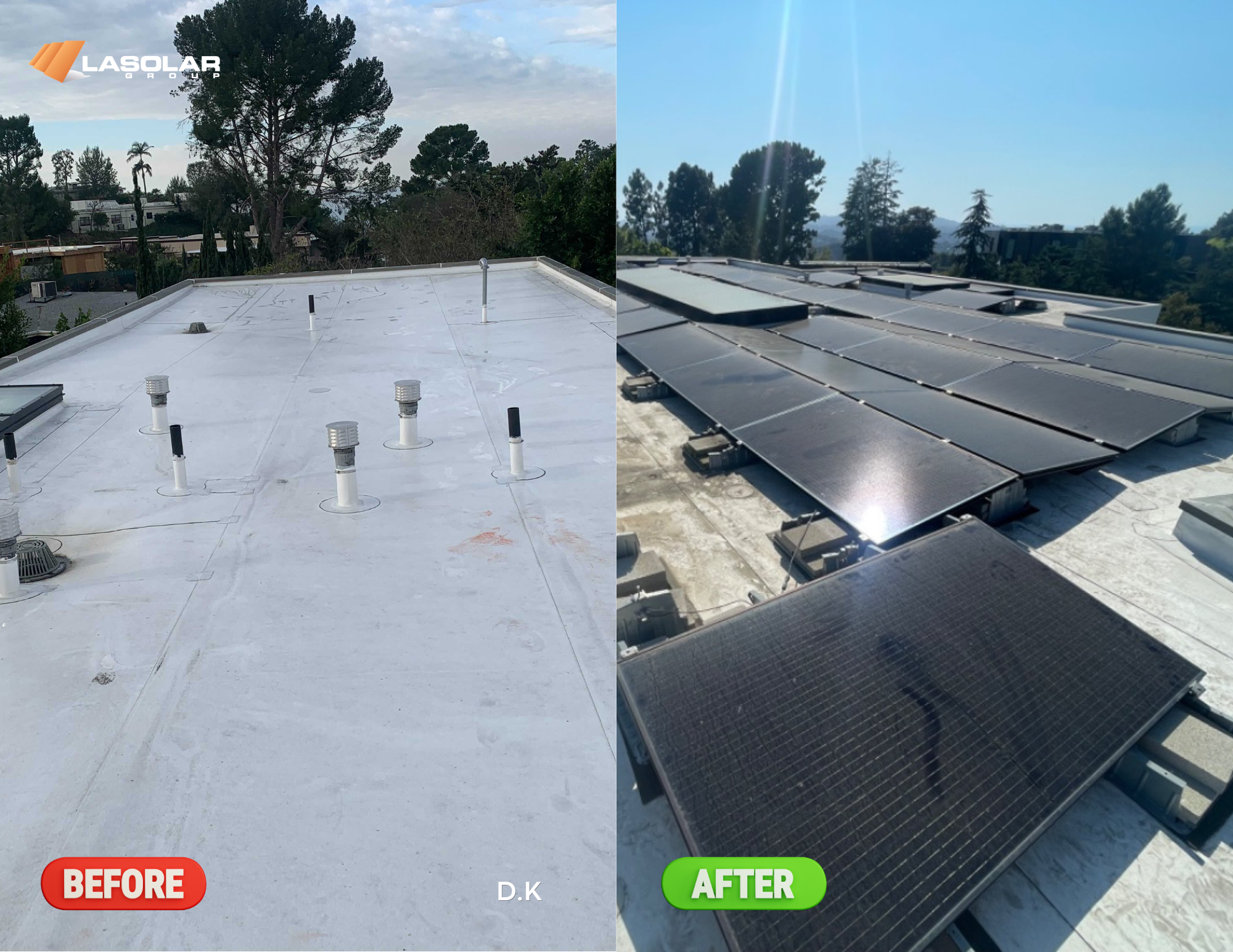 Before and after commercial solar install, Beverly Hills, 49.92 kW system